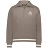 The EMB Augusta Women's Vintage Ireland Heritage Prep Pullover features white double stripes on the cuffs and hem and a "1875" floral chest emblem, celebrating Irish heritage in a classic light brown design.
