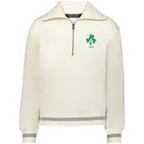 Honor Irish heritage in the EMB Augusta Women's Vintage Ireland Heritage Prep Pullover, featuring a front half-zip, grey cuff and hem stripes, and a green shamrock with "1875" on the left chest for timeless preppy style.