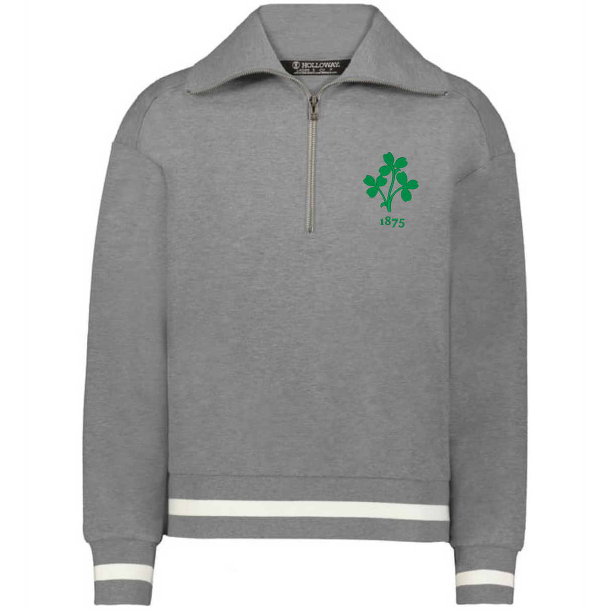 The Women's Vintage Ireland Heritage Prep Pullover by EMB Augusta is a gray top with white striped cuffs and hem, featuring a green clover and "1875" on the chest, celebrating Irish heritage.