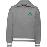 The Women's Vintage Ireland Heritage Prep Pullover by EMB Augusta is a gray top with white striped cuffs and hem, featuring a green clover and "1875" on the chest, celebrating Irish heritage.
