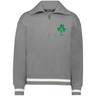 The Women's Vintage Ireland Heritage Prep Pullover by EMB Augusta is a gray top with white striped cuffs and hem, featuring a green clover and "1875" on the chest, celebrating Irish heritage.