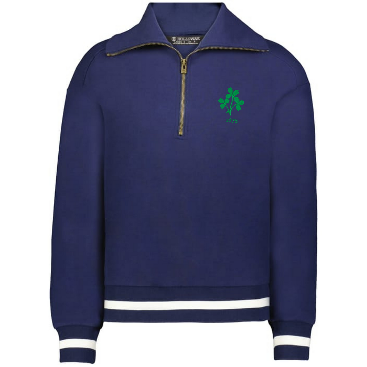 The EMB Augusta Women's Vintage Ireland Heritage Prep Pullover is a navy quarter-zip with white cuff and hem stripes, plus a small green clover and "#75" on the chest—honoring Irish heritage.