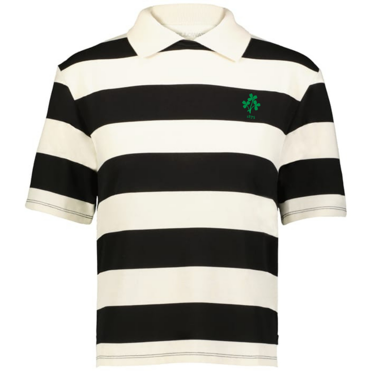 The EMB Augusta Women's Vintage Ireland Prep Street Rugby Crop is a short-sleeve, collared shirt with wide black and white stripes and a small green emblem, capturing the perfect Ireland prep street vibe.