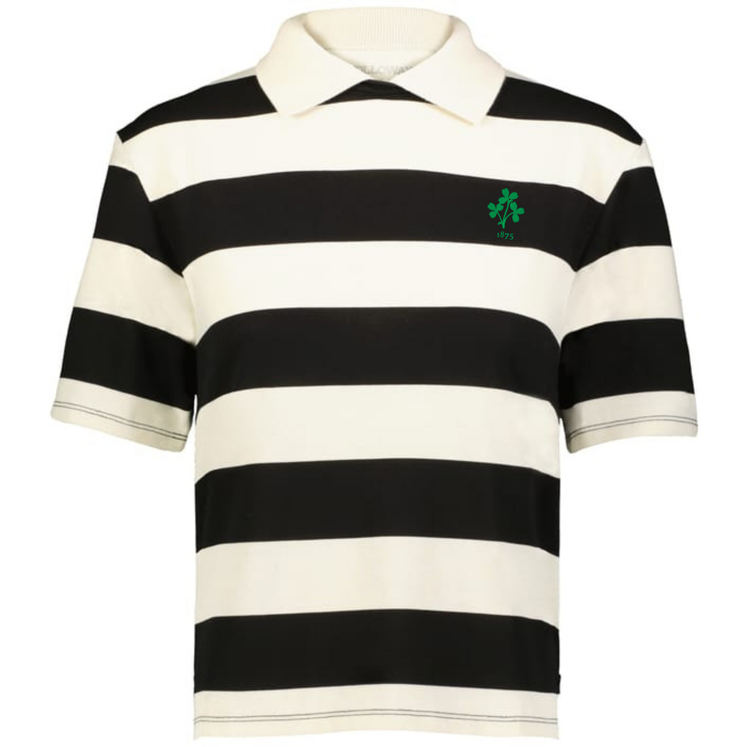 The EMB Augusta Women's Vintage Ireland Prep Street Rugby Crop is a short-sleeve, collared shirt with wide black and white stripes and a small green emblem, capturing the perfect Ireland prep street vibe.