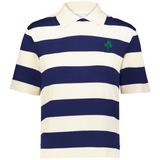 The EMB Augusta Women's Vintage Ireland Prep Street Rugby Crop is a short-sleeve collared shirt with bold navy and white stripes and a small green emblem on the chest, exuding vintage rugby style.