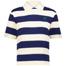 The EMB Augusta Women's Vintage Ireland Prep Street Rugby Crop is a short-sleeve collared shirt with bold navy and white stripes and a small green emblem on the chest, exuding vintage rugby style.