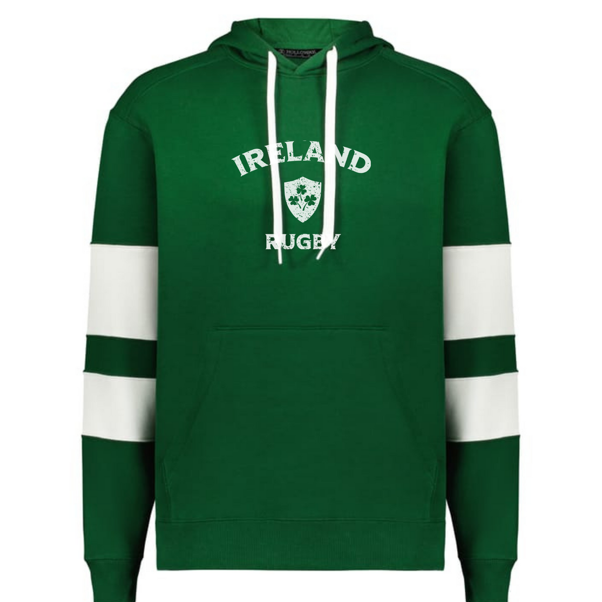 WRS Augusta Nations of Rugby Ireland Jackson Way Hoodie with white sleeve stripes, "IRELAND RUGBY" text, and a shield emblem on the chest.