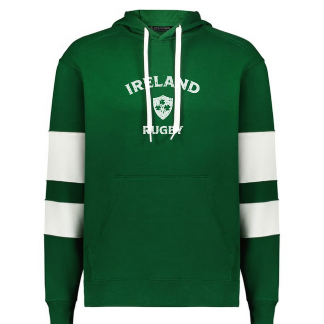 WRS Augusta Nations of Rugby Ireland Jackson Way Hoodie with white sleeve stripes, "IRELAND RUGBY" text, and a shield emblem on the chest.