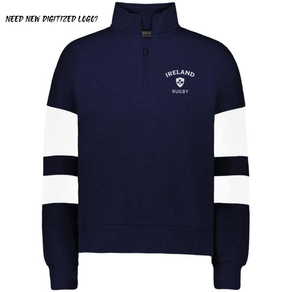 The EMB Augusta Women's Nations of Rugby Ireland Jackson Way Pullover features a navy design with white sleeve stripes and an "Ireland Rugby" logo on the left chest—ideal for fans. "Need new digitized logo?" appears in the top left corner.