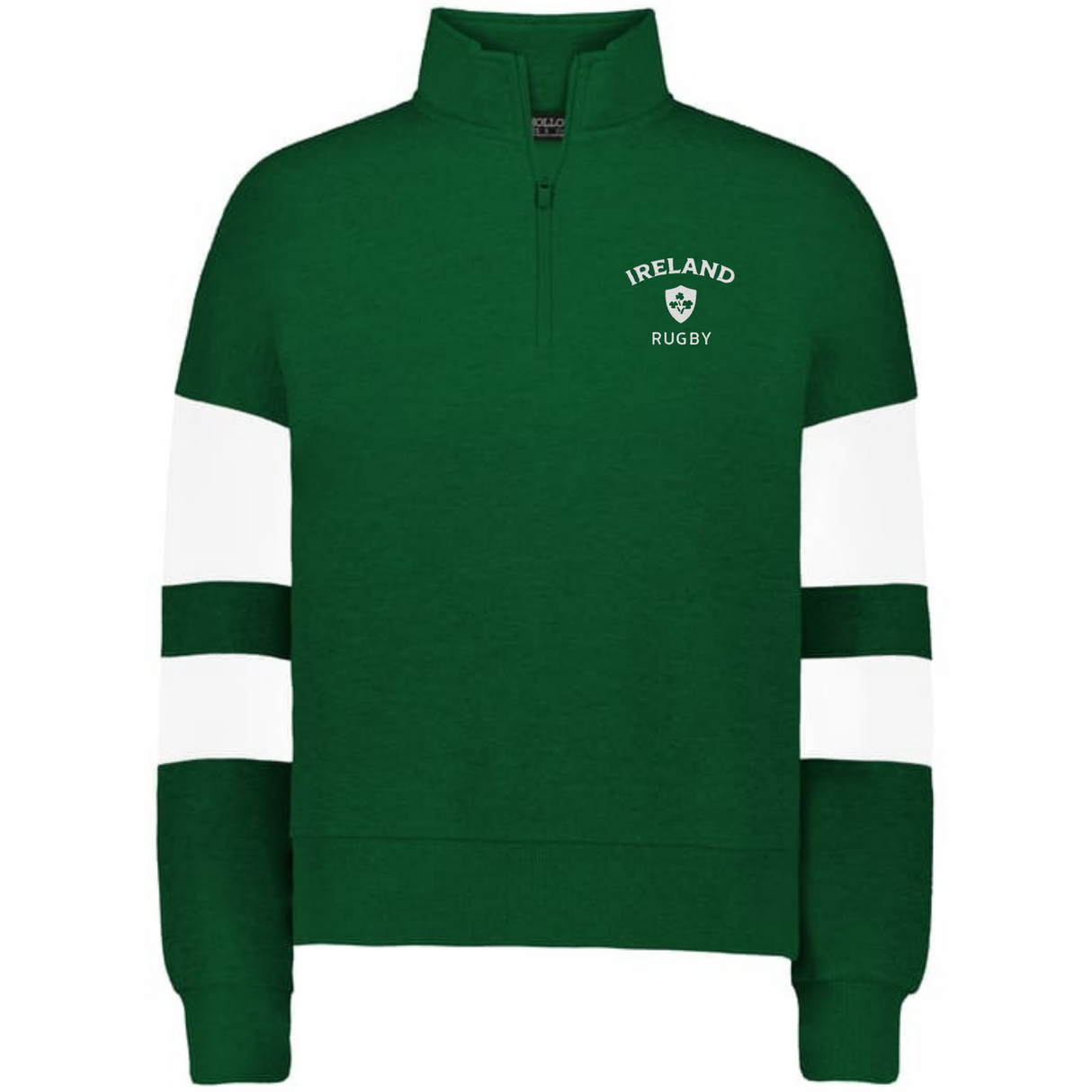 Show your support in the Women's Nations of Rugby Ireland Jackson Way Pullover by EMB Augusta—a green quarter-zip with white double sleeve stripes and an "Ireland Rugby" logo on the left chest.