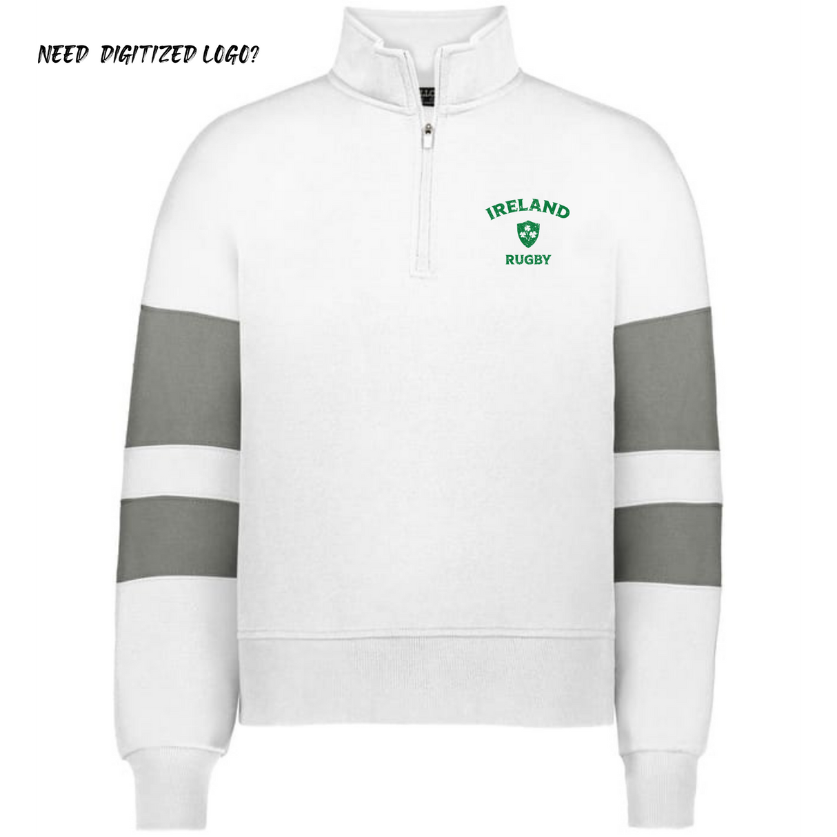The Women's Nations of Rugby Ireland Jackson Way Pullover by EMB Augusta is a white quarter-zip with gray sleeve stripes and a green "Ireland Rugby" logo. This cropped fleece is perfect for women's rugby supporter apparel. "Need Digitized Logo?" appears top left.