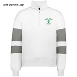 The Women's Nations of Rugby Ireland Jackson Way Pullover by EMB Augusta is a white quarter-zip with gray sleeve stripes and a green "Ireland Rugby" logo. This cropped fleece is perfect for women's rugby supporter apparel. "Need Digitized Logo?" appears top left.