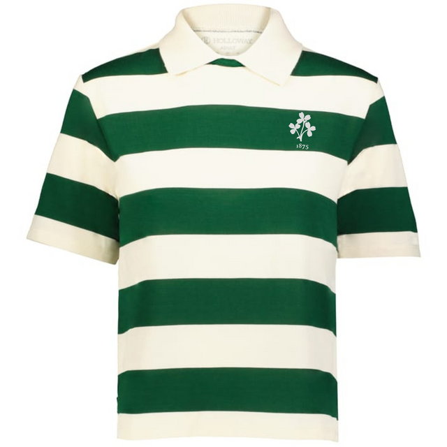The EMB Augusta Women's Vintage Ireland Prep Street Rugby Crop features bold green and white stripes, a small “1875” chest emblem, and a classic cropped rugby design for the perfect Ireland-inspired street style.