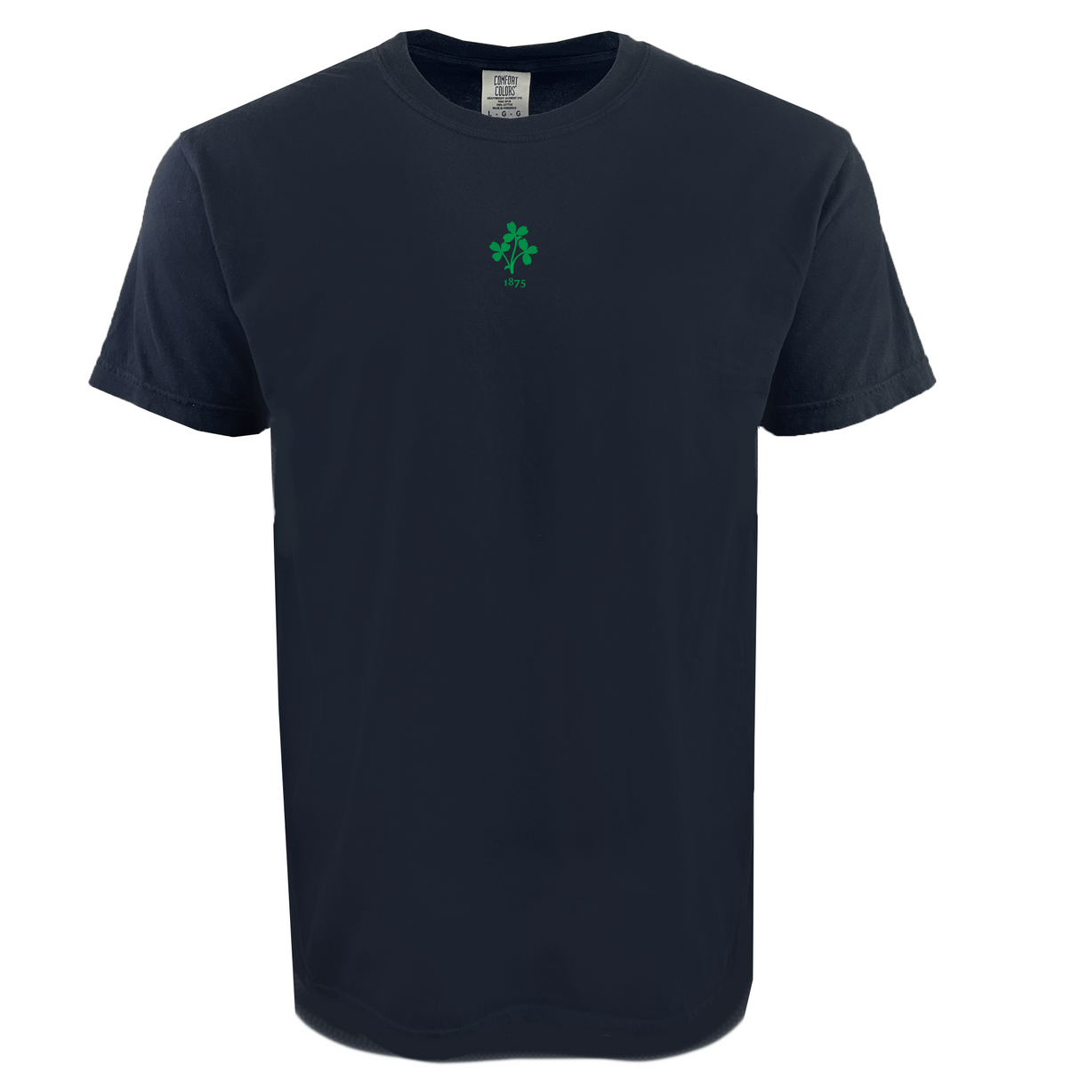 The EMB S&S Activewear Ireland Vintage Comfort Tee is a plain black shirt featuring a small green clover and "1975" printed on the center chest.