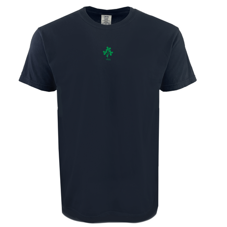 The EMB S&S Activewear Ireland Vintage Comfort Tee is a plain black shirt featuring a small green clover and "1975" printed on the center chest.