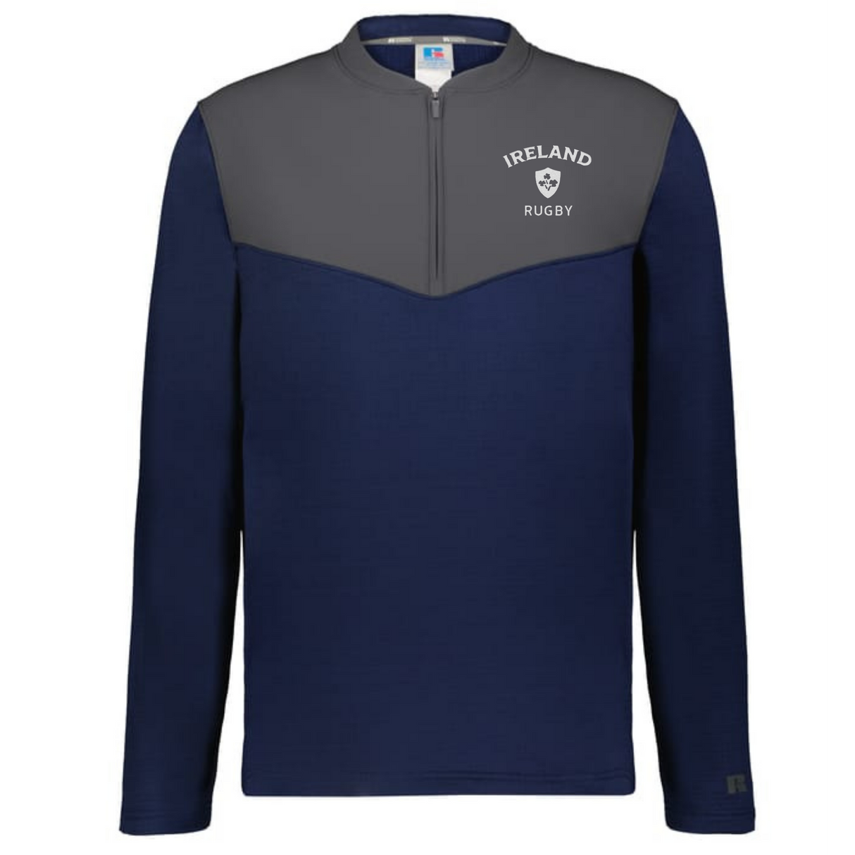 The EMB Augusta Nations of Rugby Ireland Sideline Grid 1/4 Zip Pullover features a navy body, gray yoke, and "IRELAND RUGBY" with logo on the left chest—a classic piece of sideline rugby apparel.