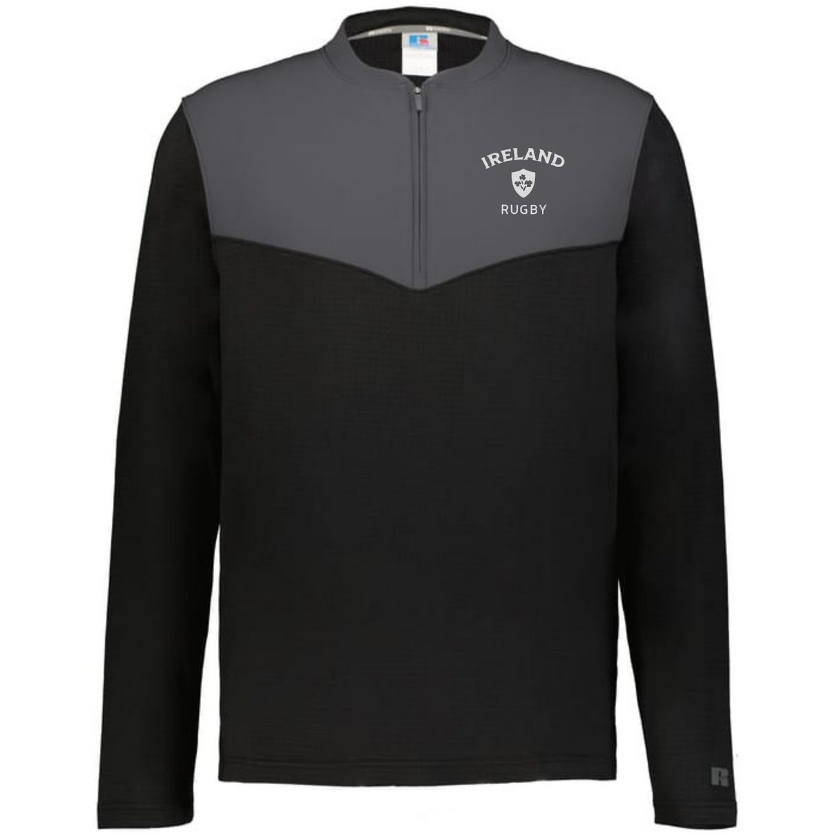The EMB Augusta Nations of Rugby Ireland Sideline Grid 1/4 Zip Pullover features black and gray long sleeves with "IRELAND RUGBY" and a shamrock on the left chest—ideal for rugby sidelines.