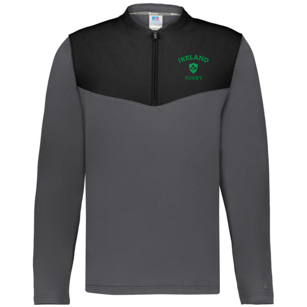 The EMB Augusta Nations of Rugby Ireland Sideline Grid 1/4 Zip Pullover, in gray and black with a "Ireland Rugby" print and a green shamrock emblem on the chest, is ideal for any Ireland rugby fan.