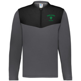 The EMB Augusta Nations of Rugby Ireland Sideline Grid 1/4 Zip Pullover, in gray and black with a "Ireland Rugby" print and a green shamrock emblem on the chest, is ideal for any Ireland rugby fan.