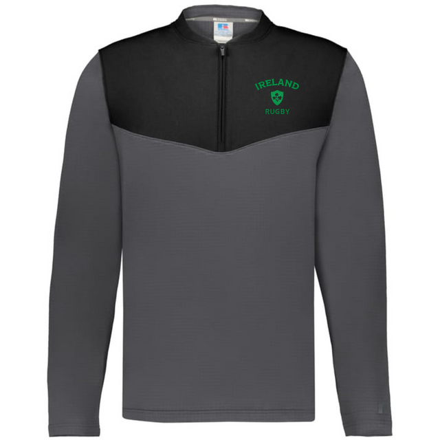 The EMB Augusta Nations of Rugby Ireland Sideline Grid 1/4 Zip Pullover, in gray and black with a "Ireland Rugby" print and a green shamrock emblem on the chest, is ideal for any Ireland rugby fan.