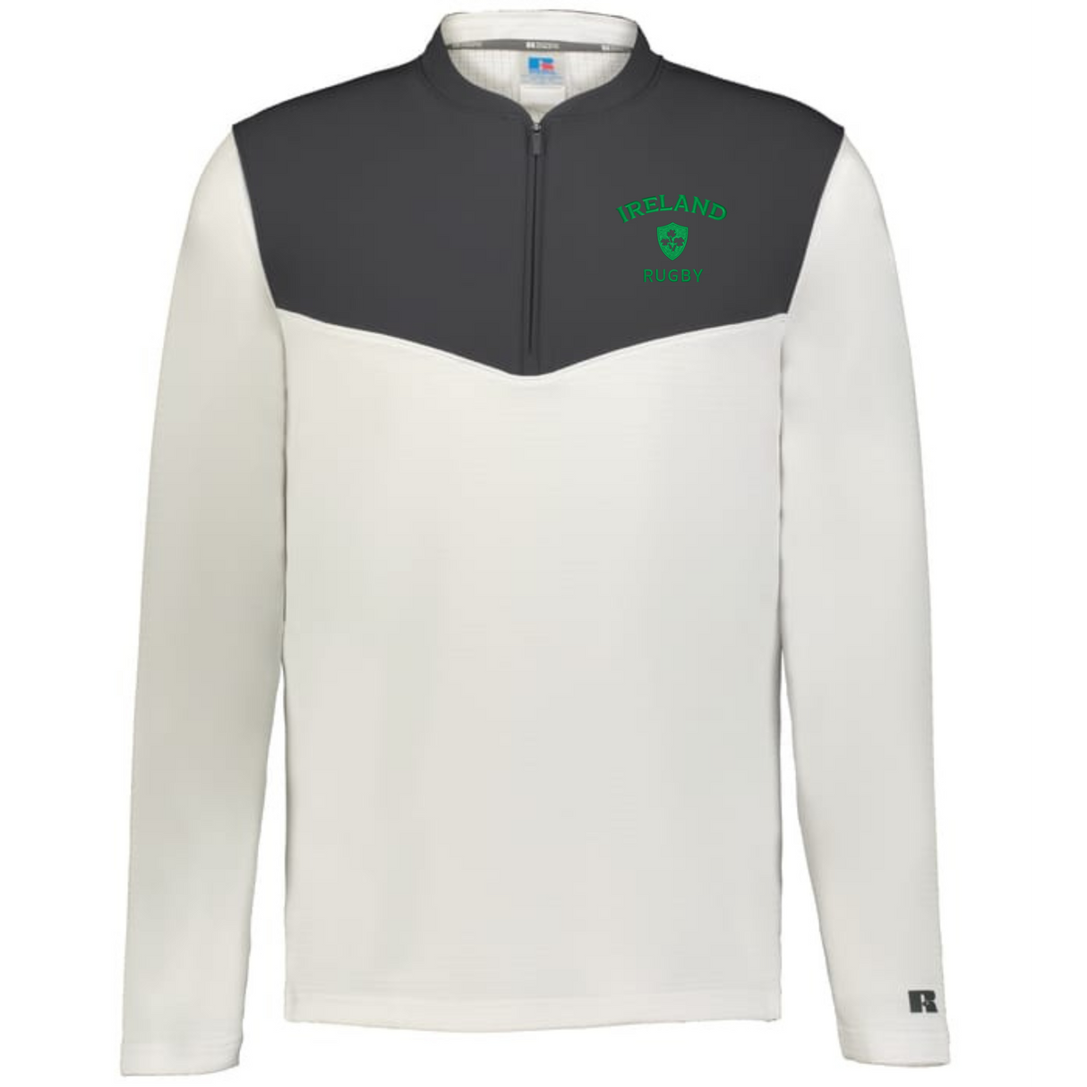 Show your Ireland rugby pride with the EMB Augusta Nations of Rugby Sideline Grid 1/4 Zip Pullover—long-sleeve, white and dark gray design, featuring a green "Ireland Rugby" logo on the left chest.