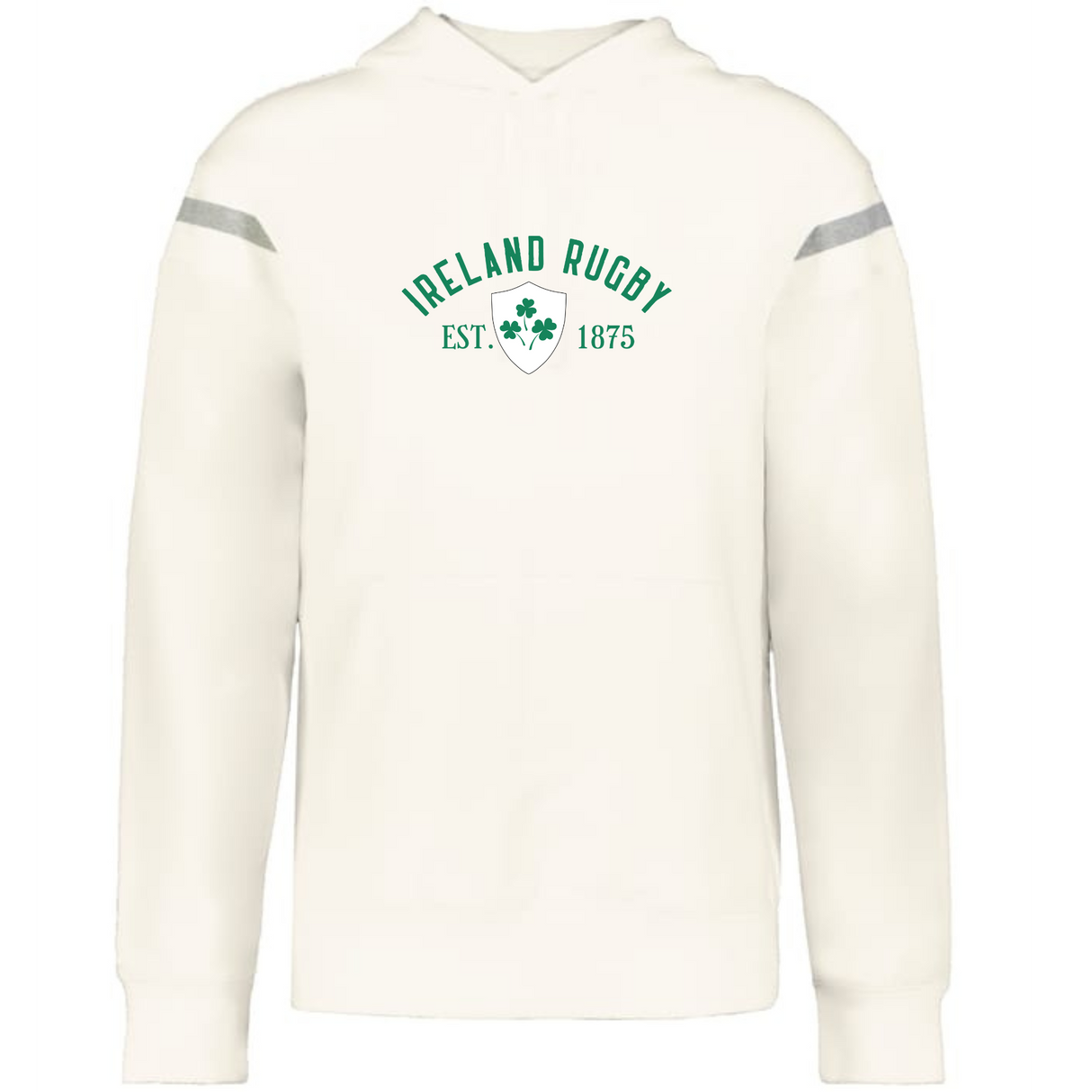 The WRS Augusta Ireland Est 1875 Heritage Prep Vintage Shield Hoodie is white with "Ireland Rugby EST. 1875" and a green shamrock shield logo on the chest.