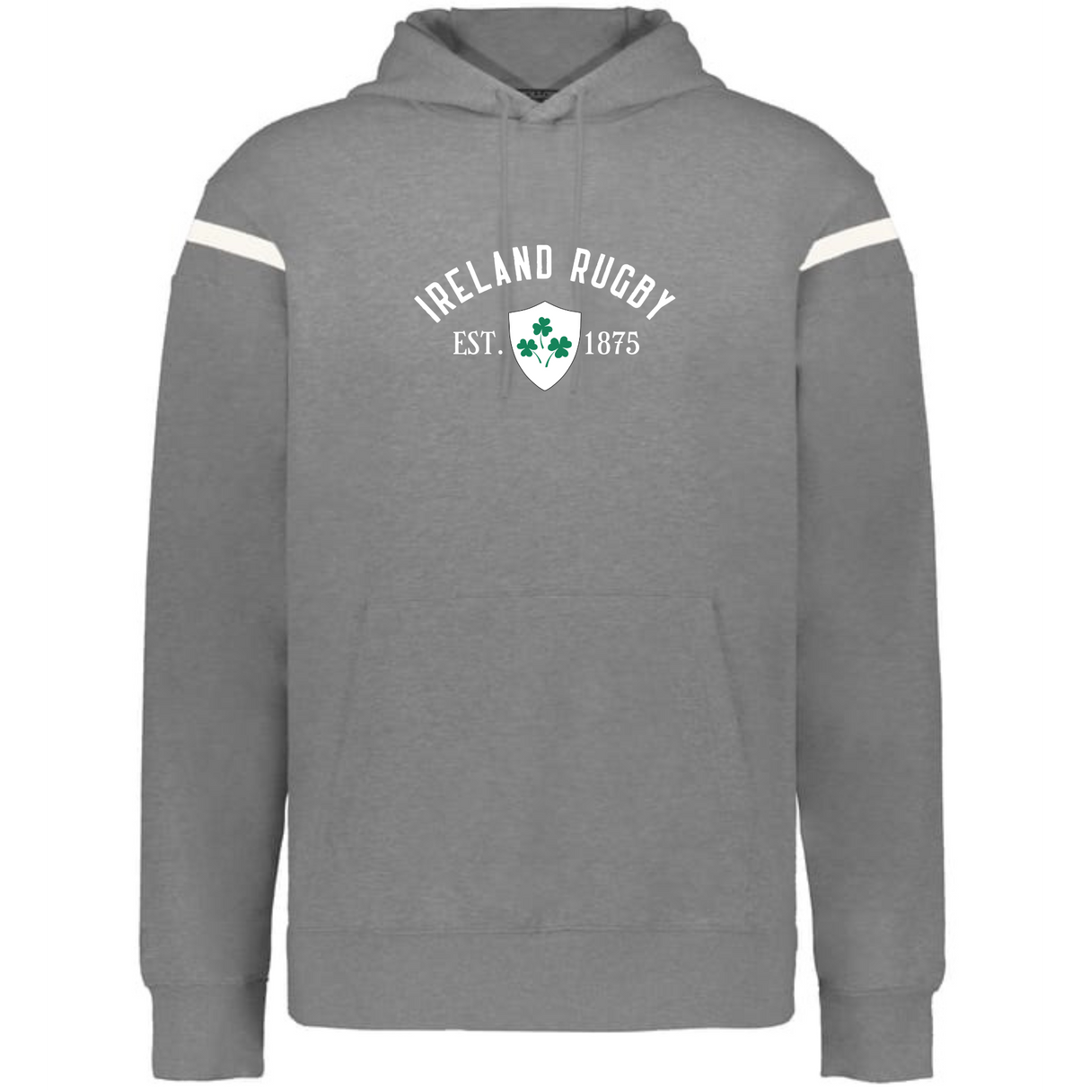 The WRS Augusta Ireland Est 1875 Heritage Prep Vintage Shield Hoodie features a gray design with white sleeve stripes and a shamrock crest, perfect for showcasing classic Irish style.