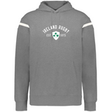 The WRS Augusta Ireland Est 1875 Heritage Prep Vintage Shield Hoodie features a gray design with white sleeve stripes and a shamrock crest, perfect for showcasing classic Irish style.