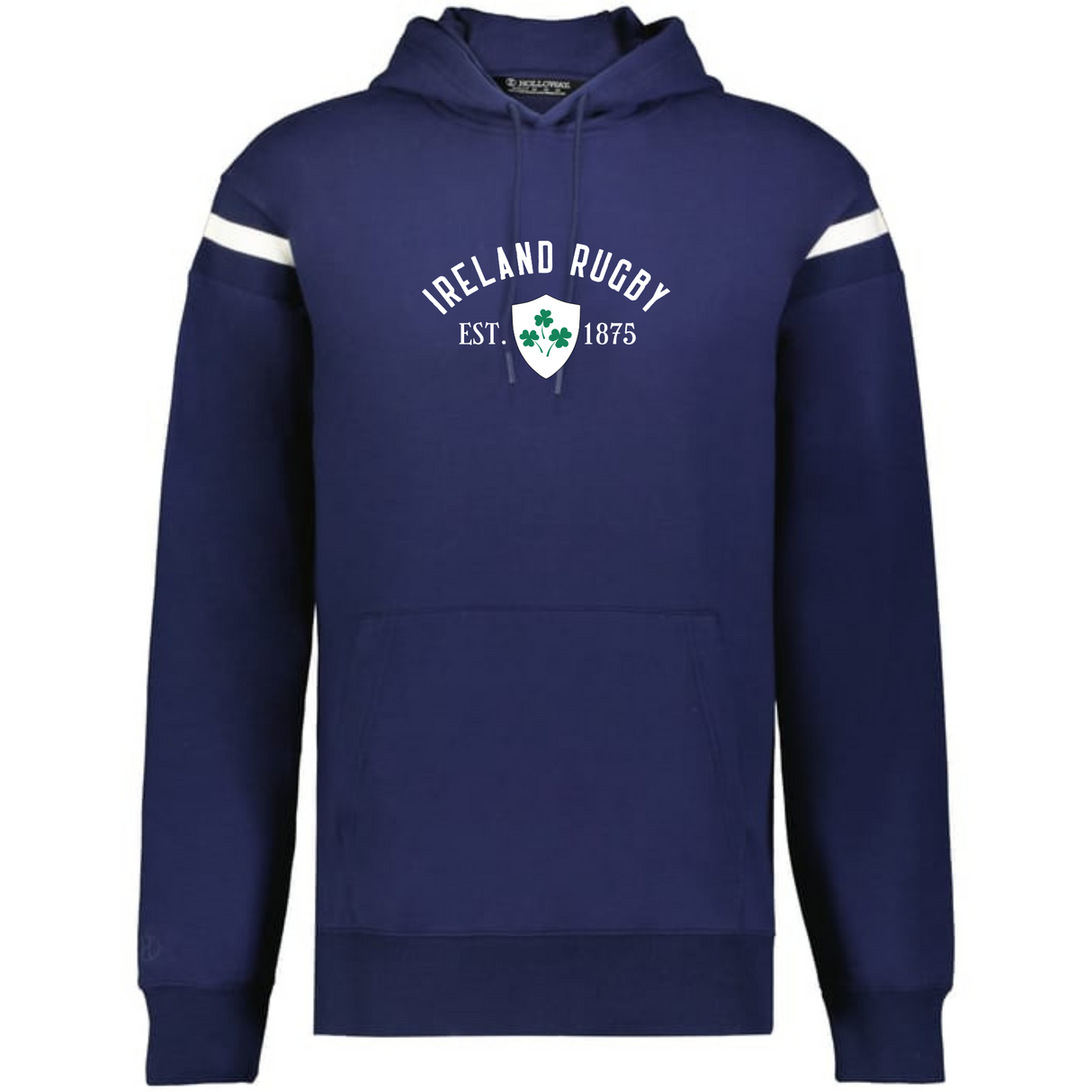 The WRS Augusta Ireland Est 1875 Heritage Prep Vintage Shield Hoodie is a navy hooded sweatshirt with white sleeve stripes and "Ireland Rugby Est. 1875" plus crest on the front—perfect for celebrating Irish rugby heritage.