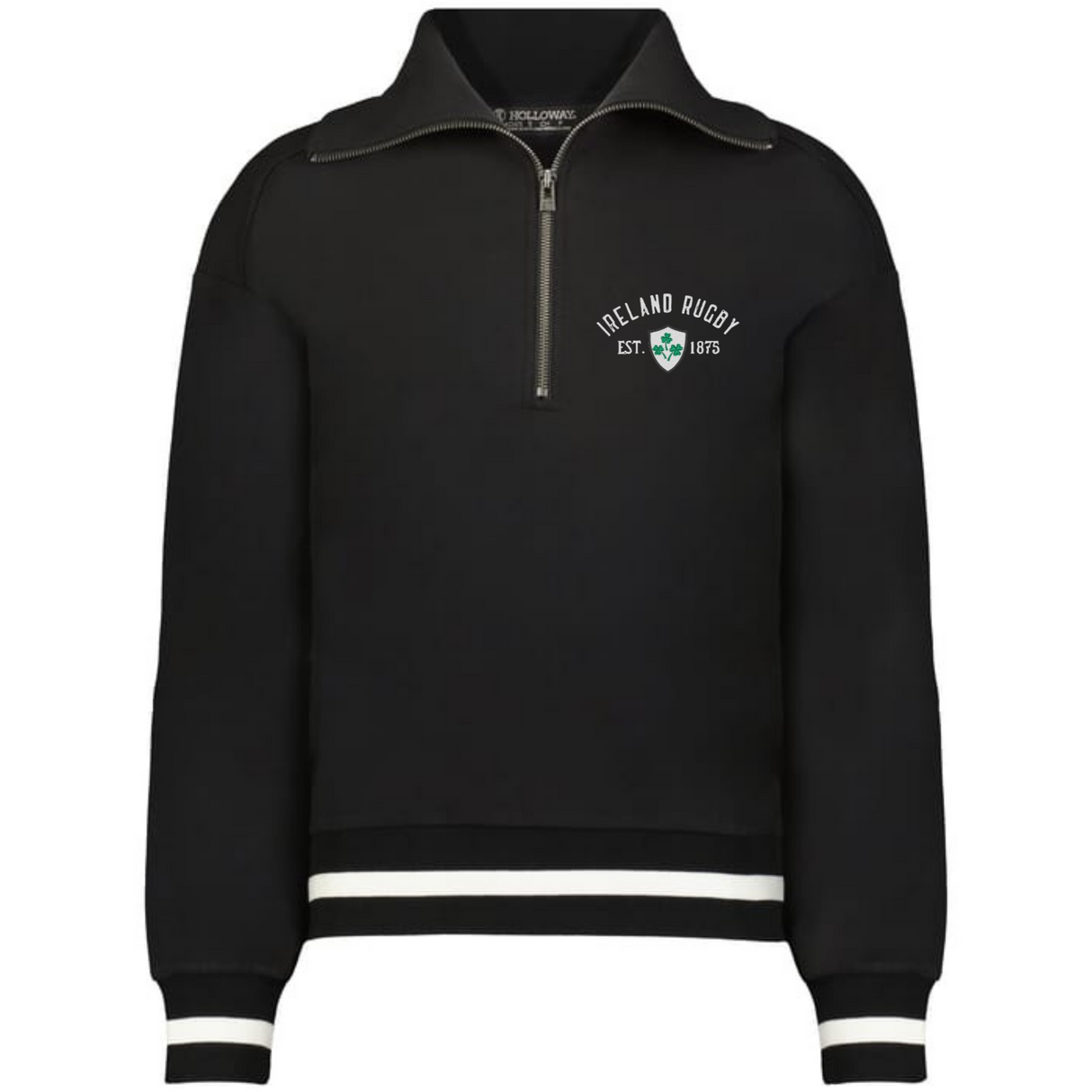 The EMB Augusta Women’s Vintage Ireland Est 1875 Heritage Prep Pullover features a black quarter-zip design, white striped cuffs and hem, “Ireland Rugby EST. 1875,” and a green shamrock crest—perfect for fans seeking heritage style.