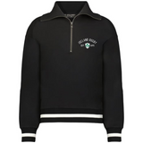 The EMB Augusta Women’s Vintage Ireland Est 1875 Heritage Prep Pullover features a black quarter-zip design, white striped cuffs and hem, “Ireland Rugby EST. 1875,” and a green shamrock crest—perfect for fans seeking heritage style.