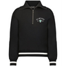 The EMB Augusta Women’s Vintage Ireland Est 1875 Heritage Prep Pullover features a black quarter-zip design, white striped cuffs and hem, “Ireland Rugby EST. 1875,” and a green shamrock crest—perfect for fans seeking heritage style.
