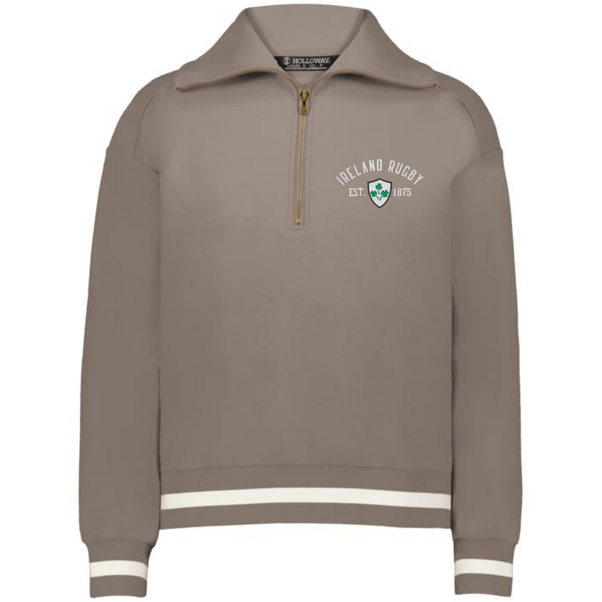 The EMB Augusta Women’s Vintage Ireland Est 1875 Heritage Prep Pullover features “Ireland Rugby Est. 1875” and a crest on the chest, with white stripes on the cuffs and hem for a classic look.