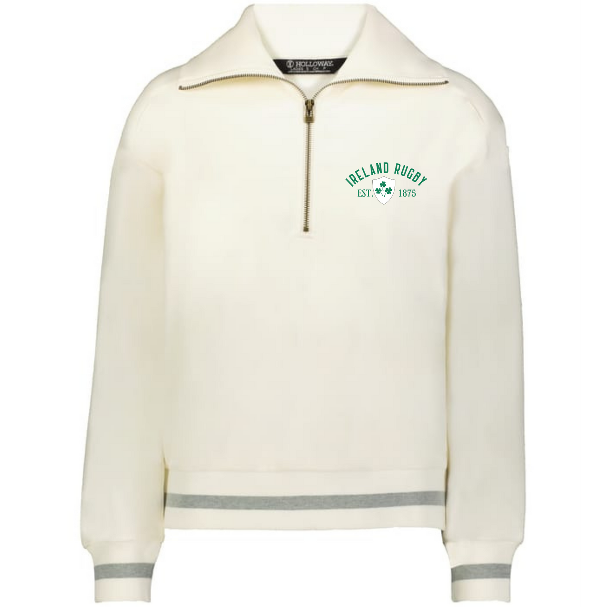 The EMB Augusta Women's Vintage Ireland Est 1875 Heritage Prep Pullover is a cream quarter-zip sweatshirt with grey striped cuffs and hem, plus a green "Ireland Rugby EST. 1875" shamrock logo on the chest for classic heritage style.