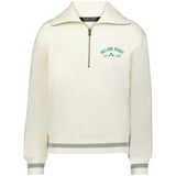 The EMB Augusta Women's Vintage Ireland Est 1875 Heritage Prep Pullover is a cream quarter-zip sweatshirt with grey striped cuffs and hem, plus a green "Ireland Rugby EST. 1875" shamrock logo on the chest for classic heritage style.