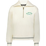 The EMB Augusta Women's Vintage Ireland Est 1875 Heritage Prep Pullover is a cream quarter-zip sweatshirt with grey striped cuffs and hem, plus a green "Ireland Rugby EST. 1875" shamrock logo on the chest for classic heritage style.
