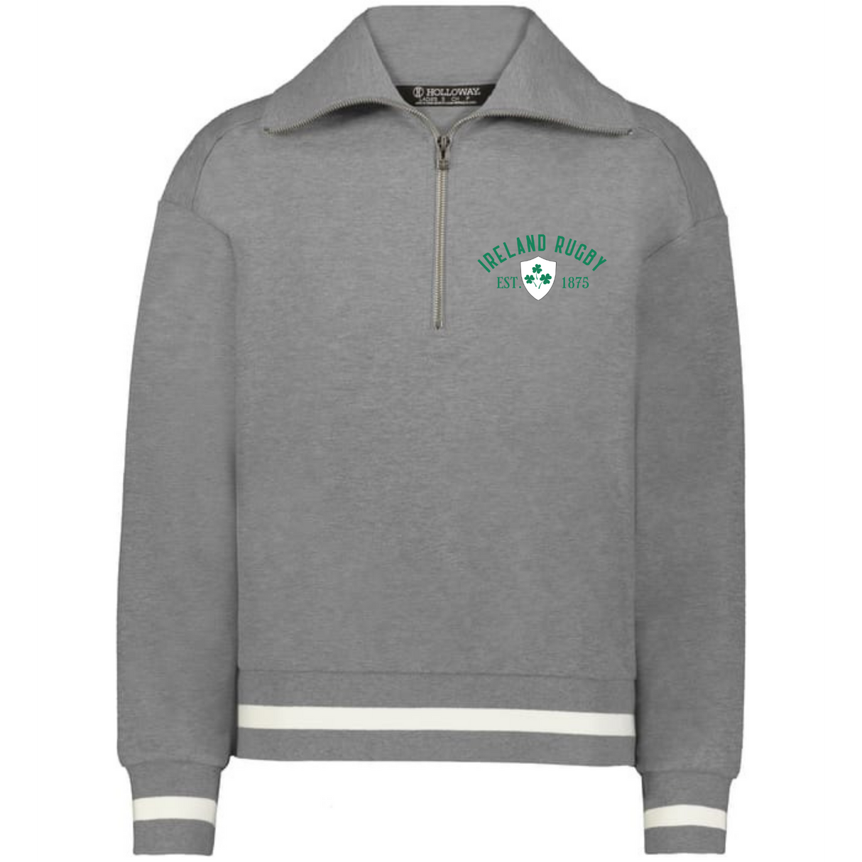 The EMB Augusta Women's Vintage Ireland Est 1875 Heritage Prep Pullover is a gray sweatshirt with white-striped cuffs and hem, featuring a green "Ireland Rugby Est. 1875" logo and shamrock emblem—classic style and comfort.