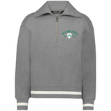 The EMB Augusta Women's Vintage Ireland Est 1875 Heritage Prep Pullover is a gray sweatshirt with white-striped cuffs and hem, featuring a green "Ireland Rugby Est. 1875" logo and shamrock emblem—classic style and comfort.
