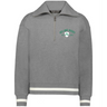 The EMB Augusta Women's Vintage Ireland Est 1875 Heritage Prep Pullover is a gray sweatshirt with white-striped cuffs and hem, featuring a green "Ireland Rugby Est. 1875" logo and shamrock emblem—classic style and comfort.