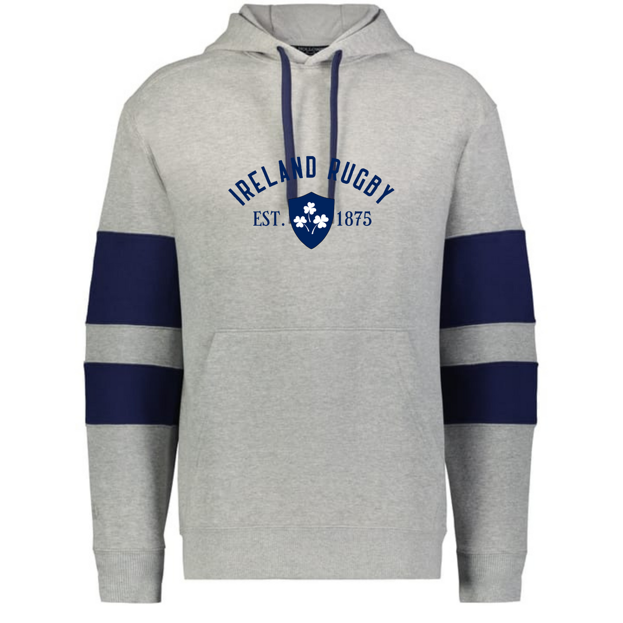 The WRS Augusta Nations of Rugby Ireland Est 1875 Jackson Way Hoodie features light grey fabric, “Ireland Rugby Est. 1875” text, a blue shamrock crest, and two navy sleeve stripes—a must-have for true Rugby Ireland fans.