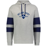The WRS Augusta Nations of Rugby Ireland Est 1875 Jackson Way Hoodie features light grey fabric, “Ireland Rugby Est. 1875” text, a blue shamrock crest, and two navy sleeve stripes—a must-have for true Rugby Ireland fans.