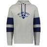 The WRS Augusta Nations of Rugby Ireland Est 1875 Jackson Way Hoodie features light grey fabric, “Ireland Rugby Est. 1875” text, a blue shamrock crest, and two navy sleeve stripes—a must-have for true Rugby Ireland fans.