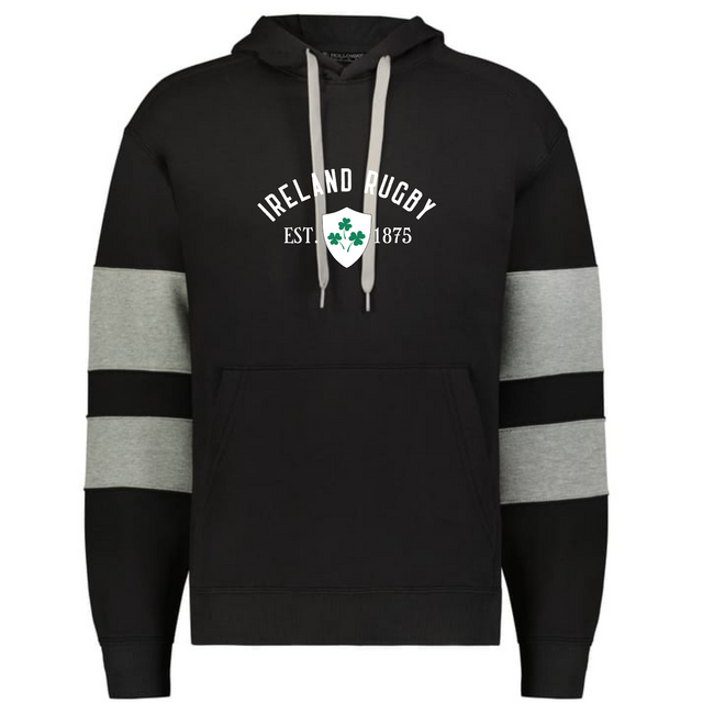 The WRS Augusta Nations of Rugby Ireland Est 1875 Jackson Way Hoodie features grey sleeve stripes, light drawstrings, and "IRELAND RUGBY EST. 1875" with a shamrock emblem—ideal for any Rugby Ireland fan.
