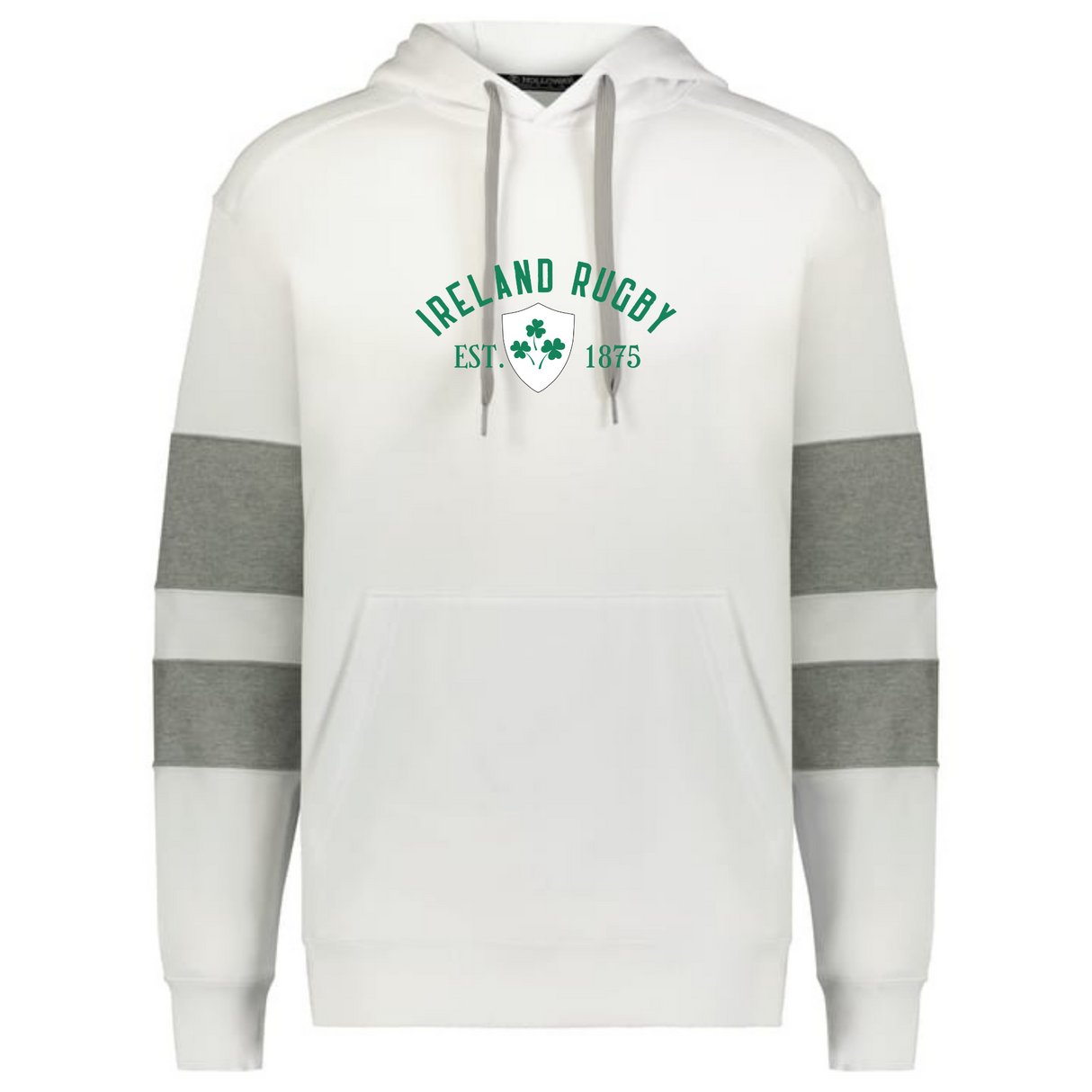 Show your support with the WRS Augusta Nations of Rugby Ireland Est 1875 Jackson Way Hoodie, featuring grey-striped sleeves, front pocket, and bold green "Ireland Rugby EST. 1875" text with shamrock graphic—perfect for true fans.