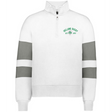 The EMB Augusta Women's Ireland Est 1875 Jackson Way Pullover features a white quarter-zip design, two thick gray sleeve stripes, and "Ireland Rugby Est. 1875" with a green shamrock on the left chest—ideal for any rugby fan.