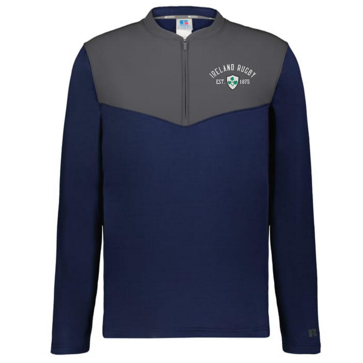 The EMB Augusta Nations of Rugby Ireland 1875 Sideline Grid 1/4 Zip Pullover in navy and gray features "Ireland Rugby Est. 1875" with a shamrock logo on the left chest—perfect for any Ireland rugby fan.