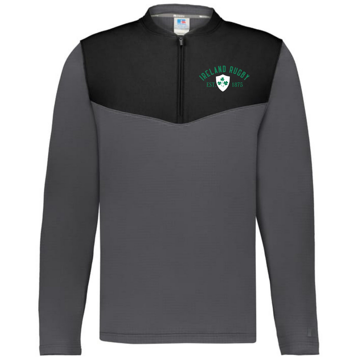 The EMB Augusta Nations of Rugby Ireland 1875 Sideline Grid 1/4 Zip Pullover features a gray and black design with an “Ireland Rugby Est. 1875” logo and shamrock emblem—ideal for any Ireland rugby fan.