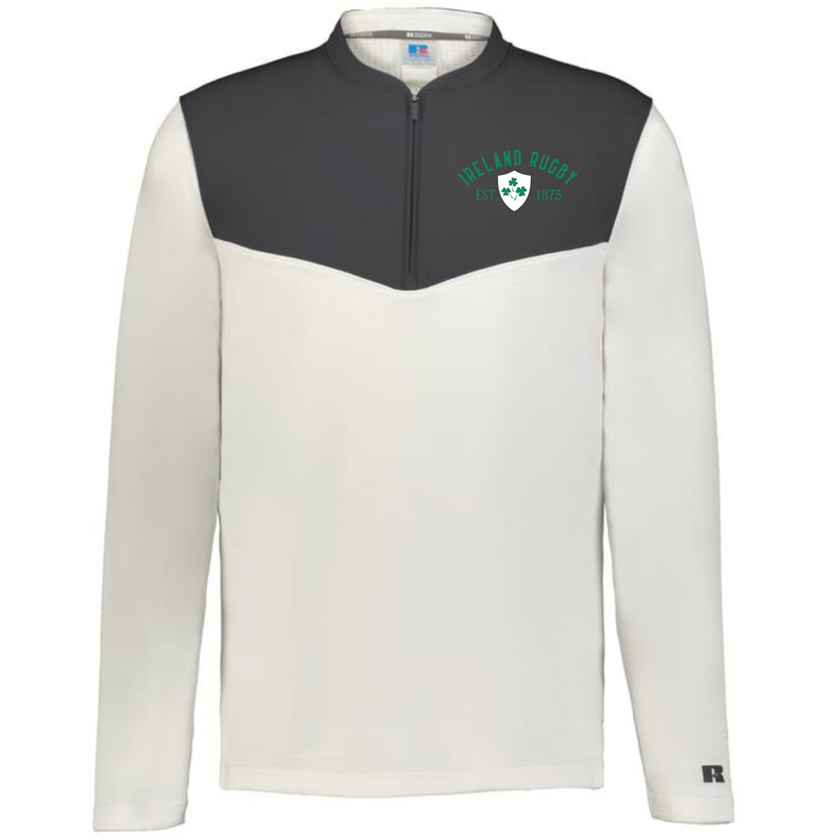 The EMB Augusta Nations of Rugby Ireland 1875 Sideline Grid 1/4 Zip Pullover features a grey upper chest, white lower half, and "Ireland Rugby" logo, blending classic style with cozy comfort for any rugby fan.