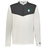 The EMB Augusta Nations of Rugby Ireland 1875 Sideline Grid 1/4 Zip Pullover features a grey upper chest, white lower half, and "Ireland Rugby" logo, blending classic style with cozy comfort for any rugby fan.