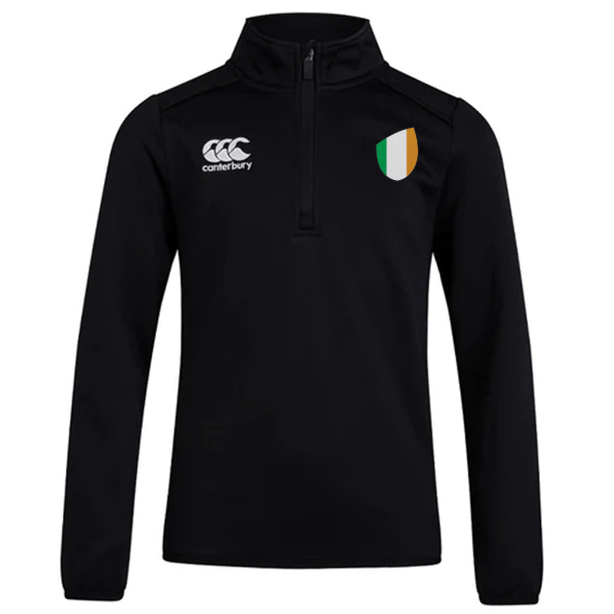 A black Ireland Club Shield 1/4 Zip Training Top by EMB Canterbury, featuring a stylish CCC logo on the left chest and an Ireland Club Shield in green, white, and orange on the right.